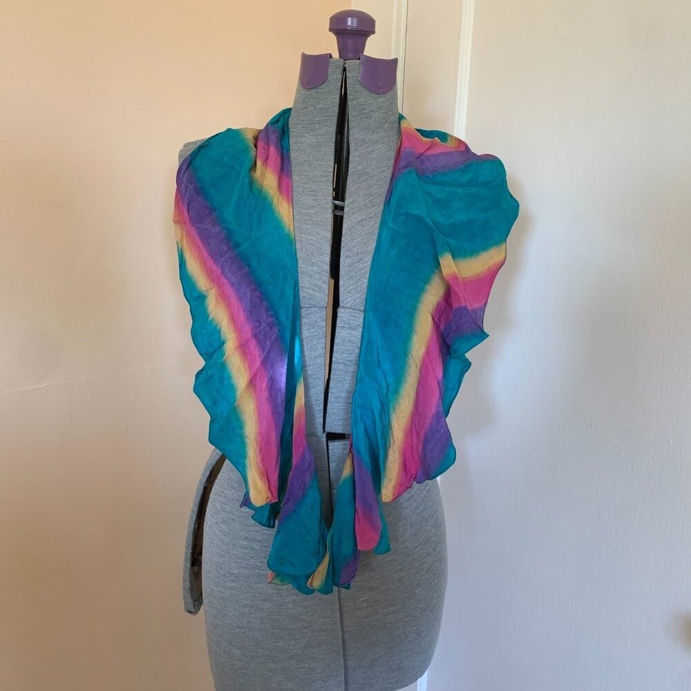Kriska Hand Painted Silk‎ Scarf Rainbow Ombre Teal Purple Pink Yellow Art Wear